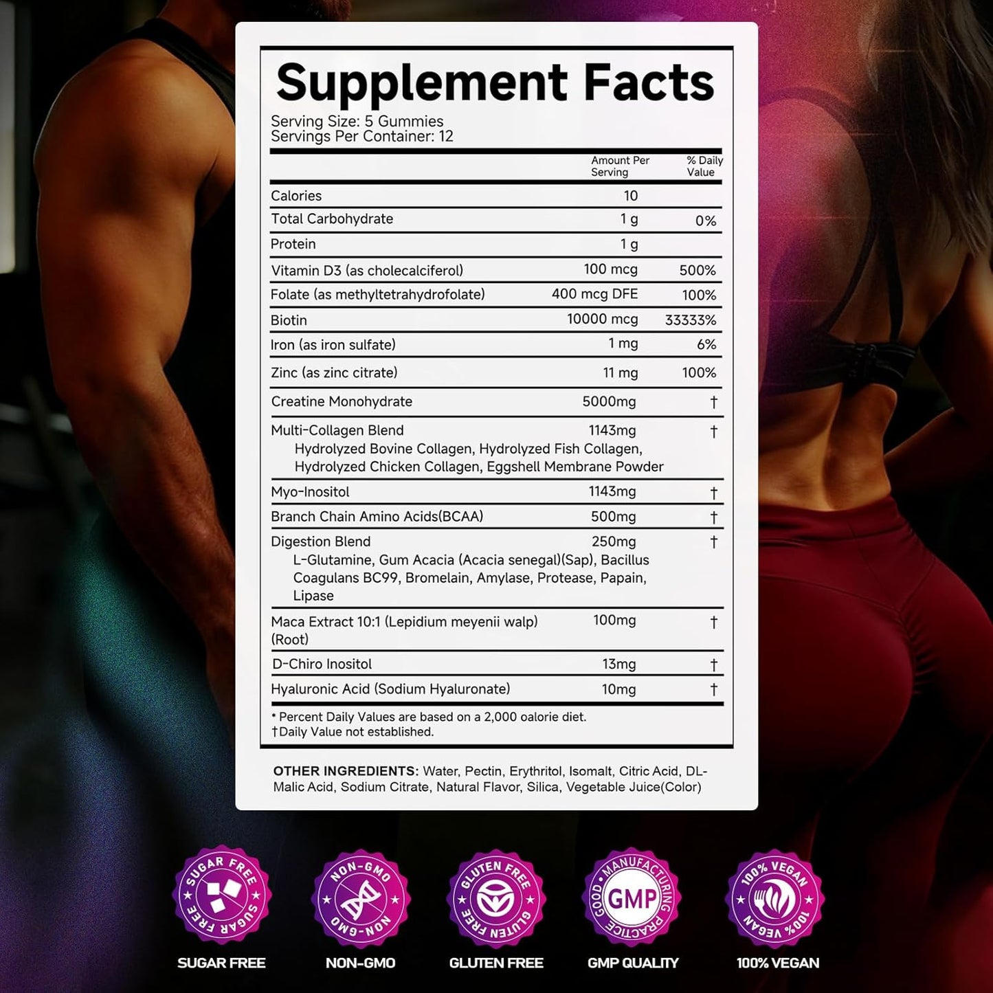 Creatine Monohydrate Gummies – with Collagen, BCAAs, L-Glutamine, Biotin, Zinc, Vitamin D3 & Hyaluronic Acid – Daily Pre & Post Workout Recovery, Sugar-Free