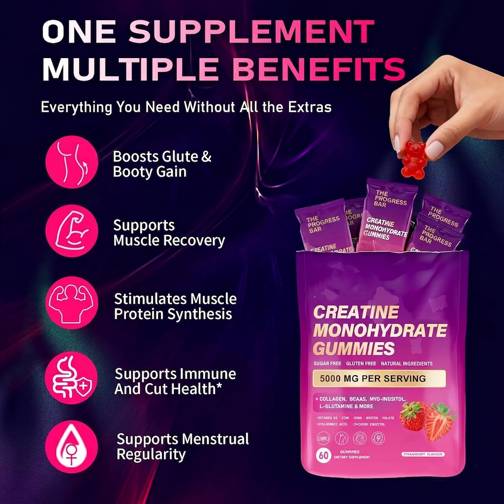 Creatine Monohydrate Gummies – with Collagen, BCAAs, L-Glutamine, Biotin, Zinc, Vitamin D3 & Hyaluronic Acid – Daily Pre & Post Workout Recovery, Sugar-Free