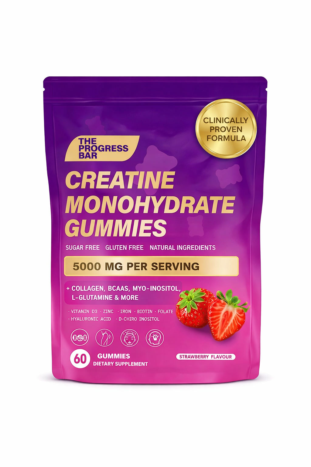 Creatine Monohydrate Gummies – with Collagen, BCAAs, L-Glutamine, Biotin, Zinc, Vitamin D3 & Hyaluronic Acid – Daily Pre & Post Workout Recovery, Sugar-Free